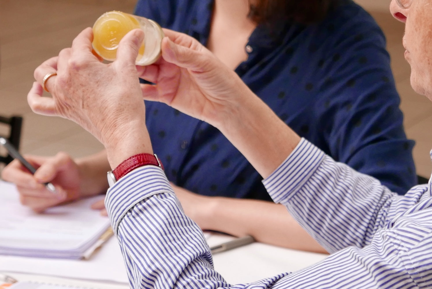 Participants observant la texture et la couleur d’un miel lors d’un atelier de dégustation sensorielle Mellilogie®.